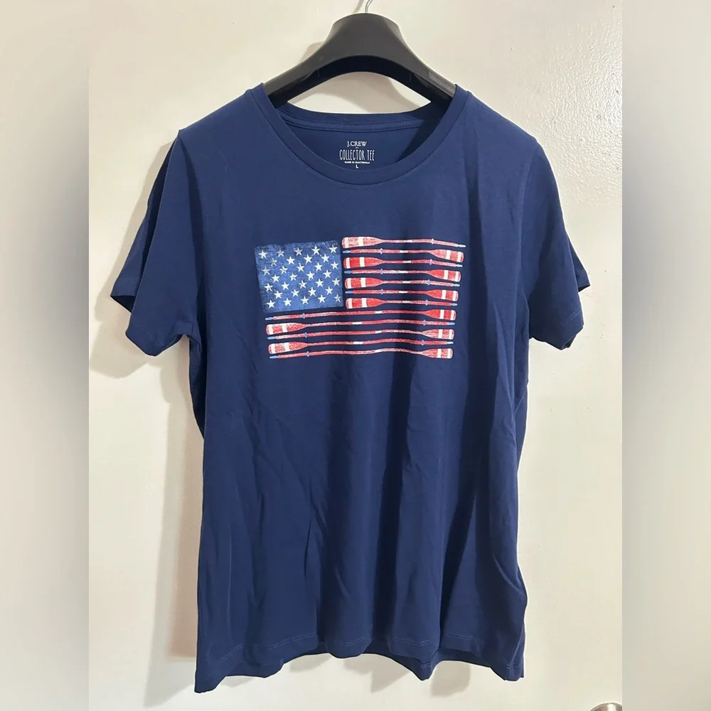 Women’s J. Crew Blue T-Shirt with American Flag Design - Picture 1 of 5